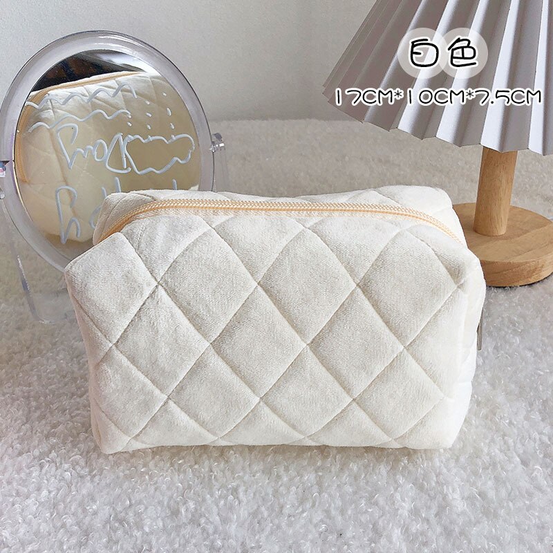 Custodia cosmetica in velluto borsa per cuscino morbida di grande capacità borsa per custodia portatile per ragazze custodia per matita per studenti griglia per cancelleria: WHITE