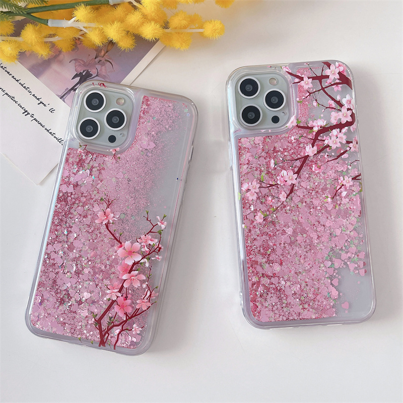 Pink Peach Blossom Quicksand Case for iphone 16 15 14 13 Pro Max 12 Love Hearts Sparkles Liquid Cover Up Down Flowers Funda Capa