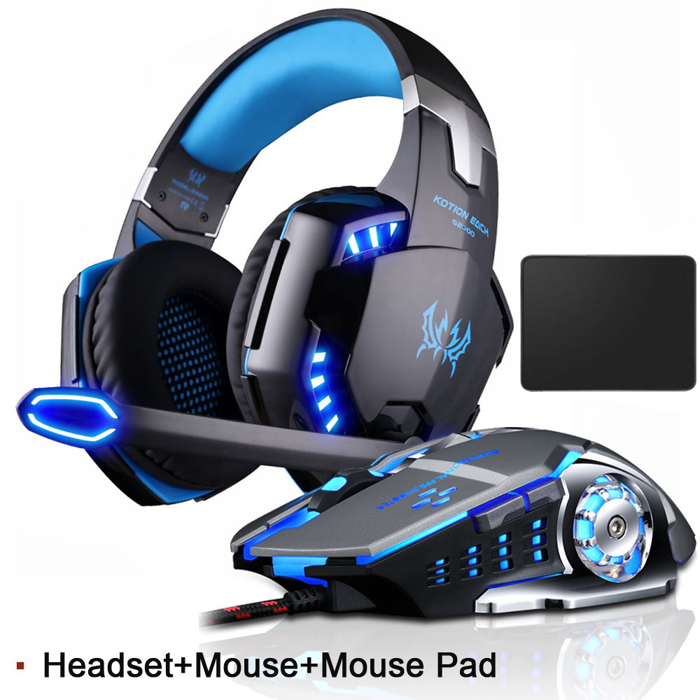 EACH G2000 Gaming Headset Deep Bass Stereo Game Headphone with Microphone LED Light for PC Laptop PS4+Gaming Mouse+Mice Pad: three item combo