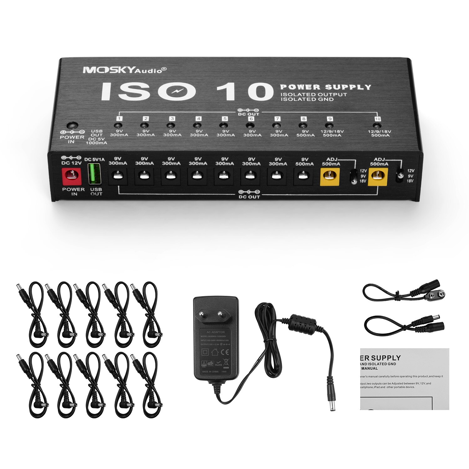 Mosky ISO-10 Gitaar Effect Voeding Station 10 Geïsoleerde Dc Uitgangen &amp; Een 5V Usb Uitgang Voor 9V 12V 18V Gitaar Effecten