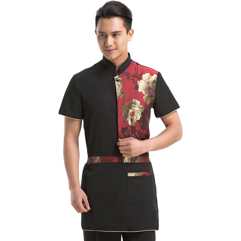 Hotel Uniform Summer Restaurants Uniforms For Men Women Uniforme Service Nettoyage Half Sleeve Chemise Serveur J068: man red / XL