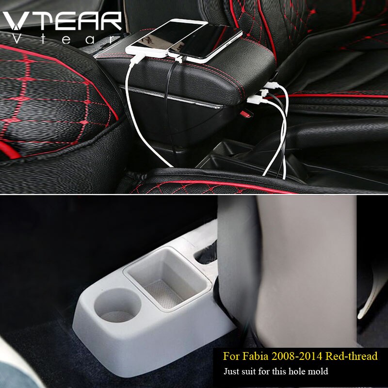 Vtear Für Skoda Fabia Auto armlehne leder Arm Rest usb-schnittstelle lagerung Kasten Styling center konsole zubehör dekoration: 2008-2014 rot Faden