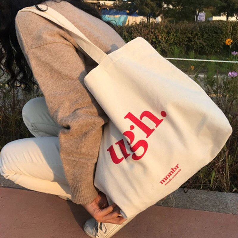 Women's Bag Casual Large Capacity Shoulder Bags Shopper Canvas Ugh Letter Harajuku Zipper Print Ulzzang Handbags: White 02