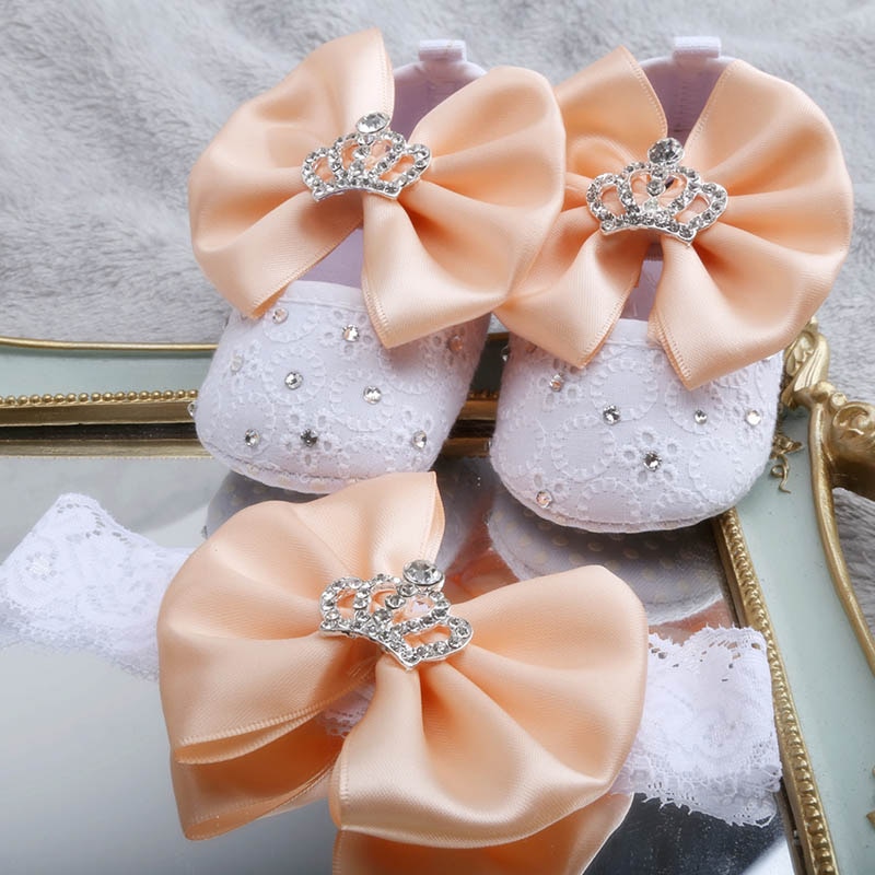 Dollbling designade baby småbarn skor aprikos blomma rosett diamant kronsmycken baby flicka baby skor pannband