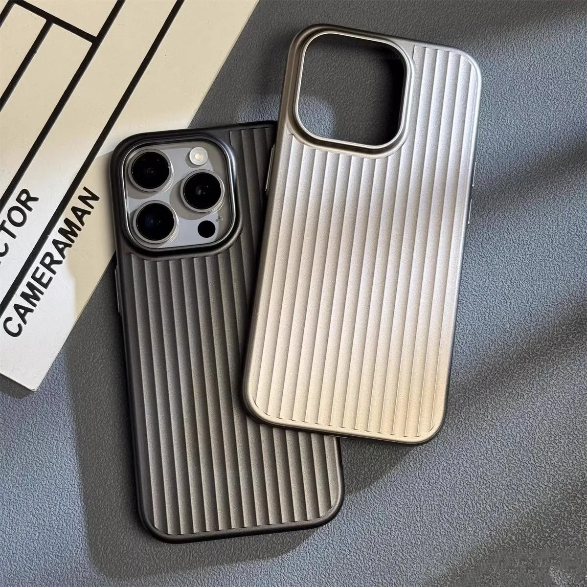 Luxury Natural Titanium PC Case for iPhone 16 15 14 13 Pro Max Plus Electroplated Grating Corrugated Hard Back Cover
