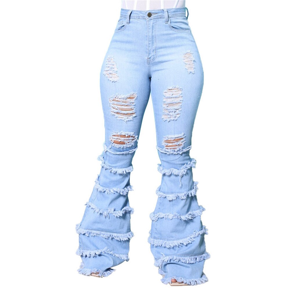Plus Size Jeans Women Denim Pants Ripped High Waist Bottom Tassel Boyfriend Streetwear Birthday Outfits