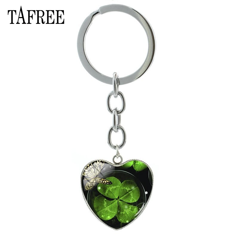 TAFREE Lucky Clover Hart Vorm Sleutelhanger Vlinder Sleutelhanger klavertje Vier Populaire Cabochon Sieraden Voor QF368: QF368