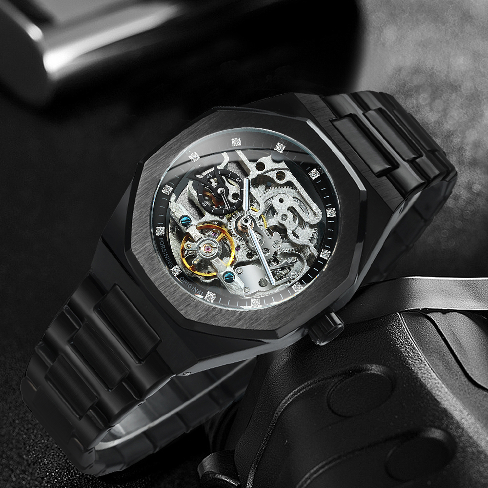 Forsining Lässige automatische mechanische Uhr für Herren, leuchtende Zeiger, Edelstahlarmband, modische Luxus-Skelett-Herrenuhren