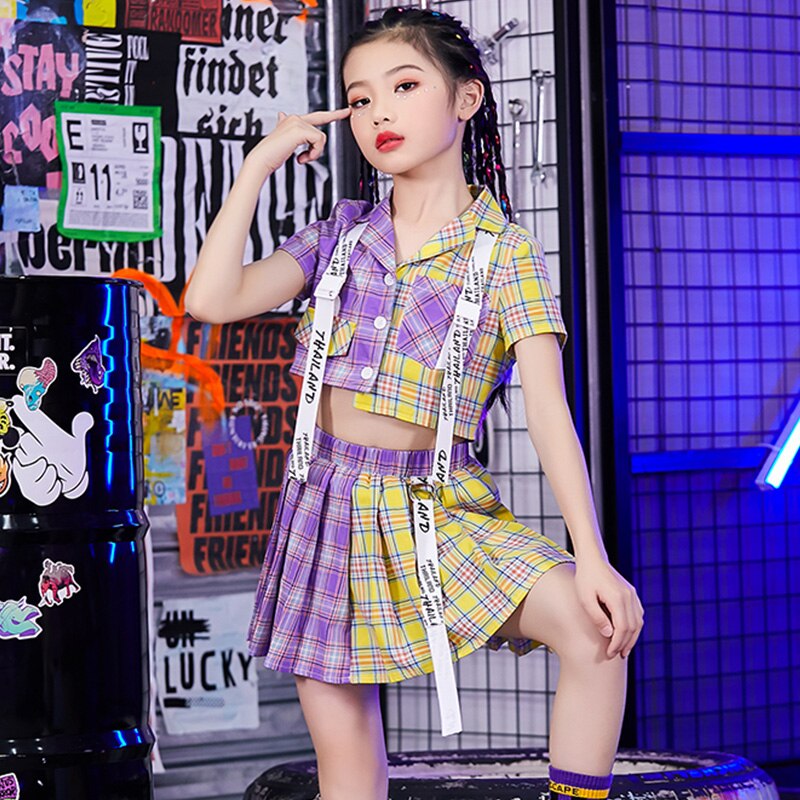 Nuevas chicas baile de Hip Hop trajes Jazz ropa de niños de a cuadros de manga corta Top falda de animadora funcionamiento DNV13214