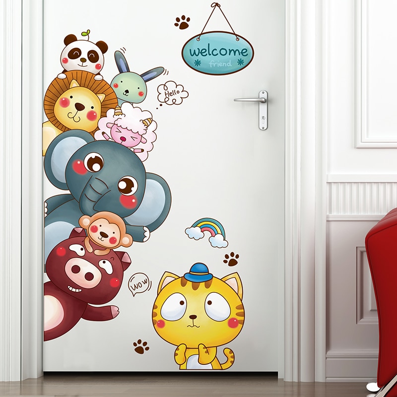 [shijuekongjian] cartoon dieren muurstickers diy deursticker voor kinderkamers, babykamer, babykamer, huisdecoratie accessoires