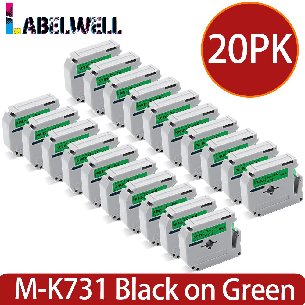 Labelwell 20PK M-K231 MK-231 MK231 431 531 631 Compatible for Brother MK 231 P-touch PT-80 PT-70 PT-60 PT-45M PT-100 Label maker: Black on Green-20PK