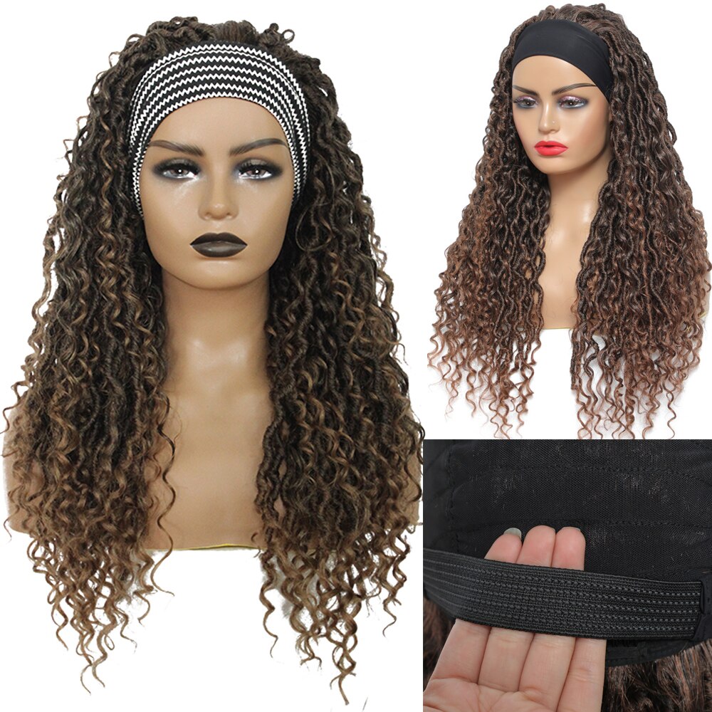 Ombre Brown Headband Synthetic Braided Wigs For Black Women 24 Inch Natural Glueless Hair Wig SOKU Faux Locs Crochet Curly Hair