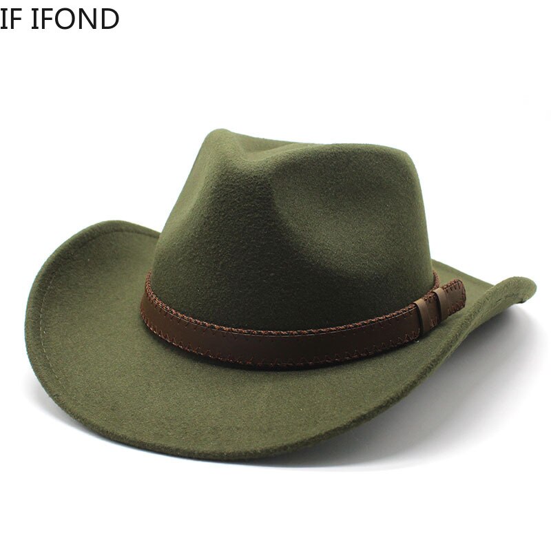 Women's Men's Winter Wool Western Cowboy Hat With Belt Cowgirl Jazz Toca Sombrero Cap Godfather Cap