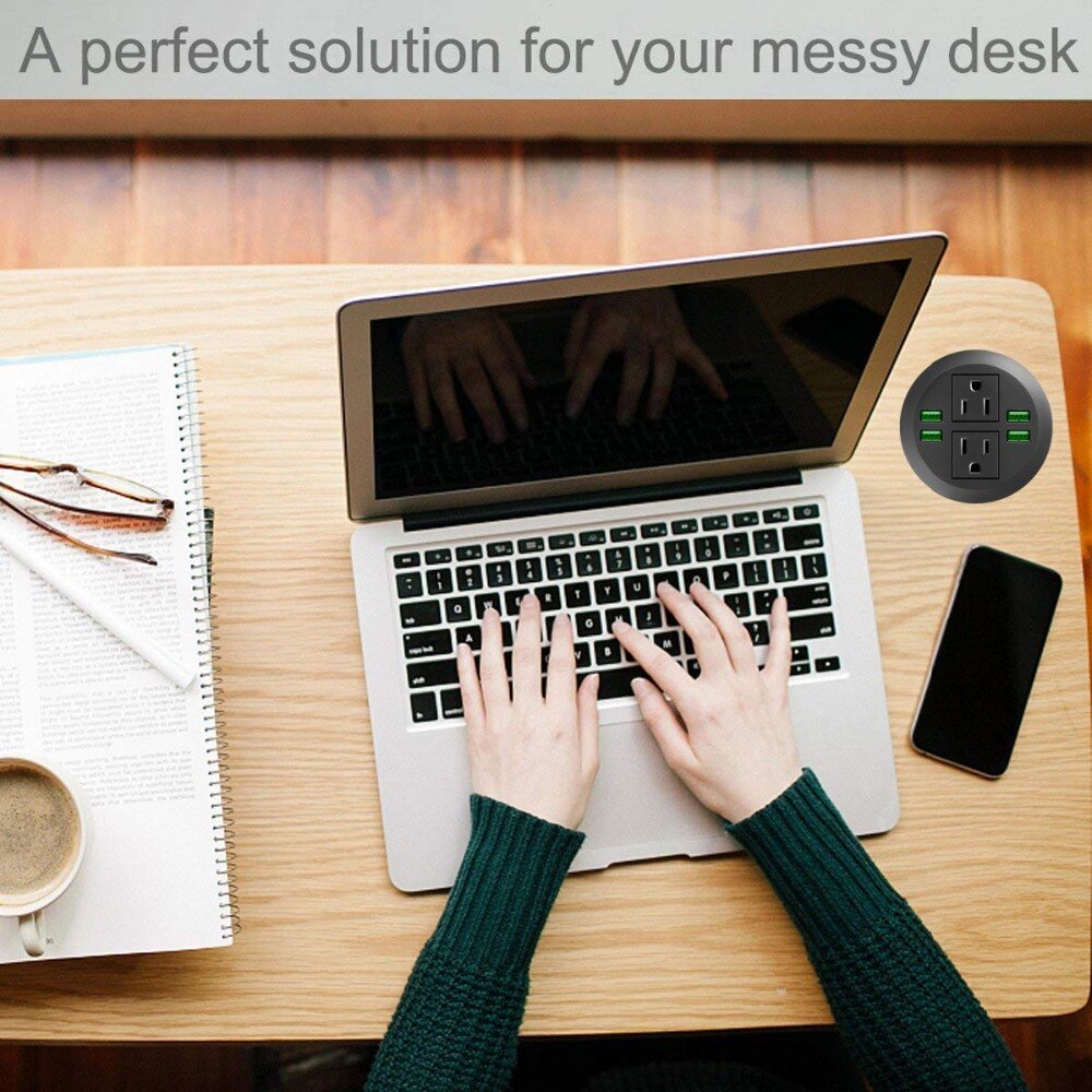 Desktop Power Grommet with USB,Hidden Power Socket. Desk Hole Grommet Outlet,Easy Access to 2 power Source Along with 4 USB Powe