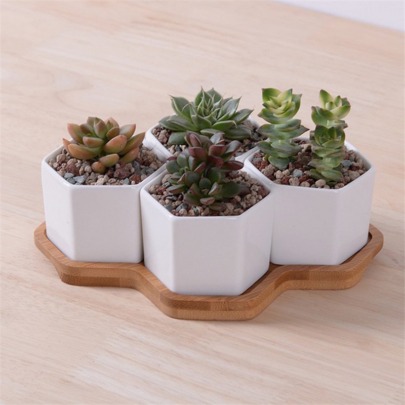 4 stuks zeshoekige bloempotten, witte keramische vetplantenpot met bamboestandaard, kleine bonsaipotten, groene plantenbakken, woondecoratie