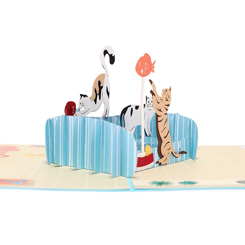 3D Pop UP Cards Birthday Card for Kids Wife Husband Cartoon Cat Card Postcards Card Paper-cut Greeting Card