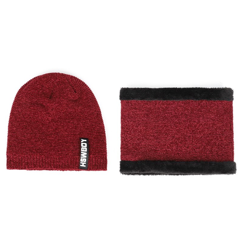 Herr vinterhatt halsduk 2 stycken setvarm plus sammet tjocka stickade hattar fashionabla mjuka baggy balaclavacasual man mössor: Vin