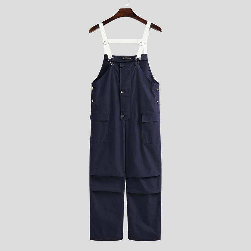 Incerun Mode Mannen Jumpsuit Solid Pockets Joggers Streetwear Knop Bretels Bib Broek Casual Chic Mens Overalls Rompertjes: XXXL / Navy