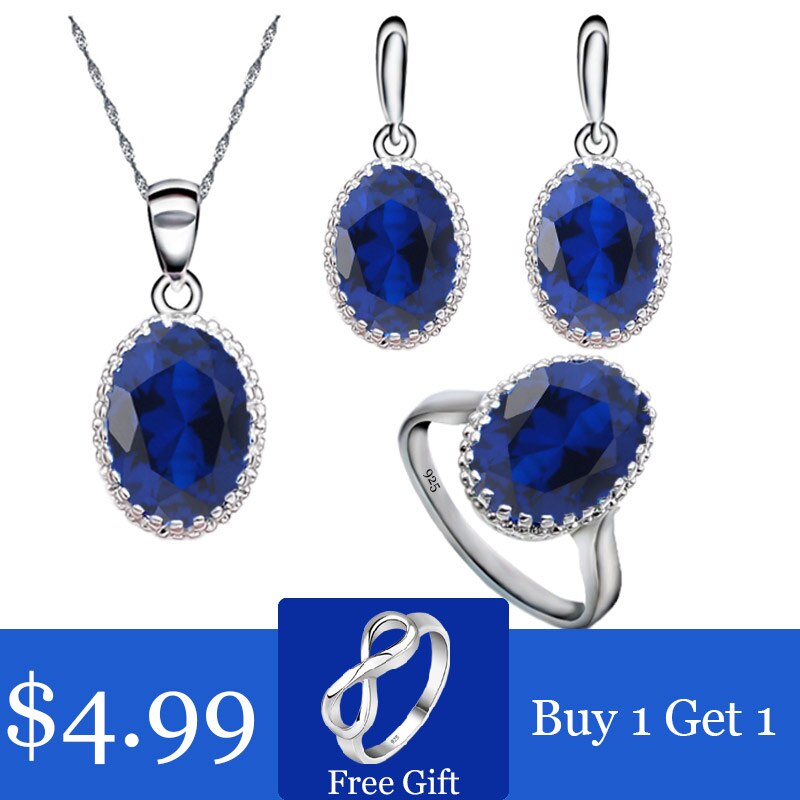 Red Ruby 925 Sterling Silver Jewelry Set for Women Free Ring Necklace Pendant Wedding Jewelry: Dark Blue / 8
