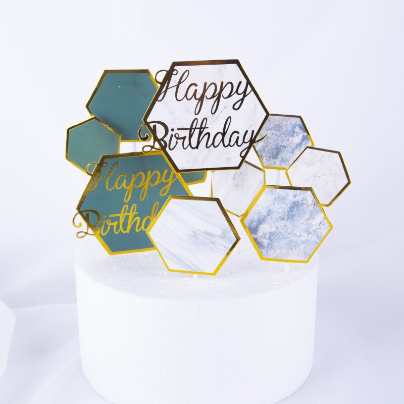Cakelove Hexagon Cake Topper Paper reen Marble Gold Happy Birthday Cake Topper Party Cake Card Insert Decorations Baby Shower: style 1