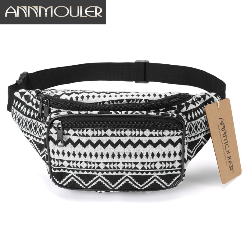 Annmouler pochete feminina, bolsa feminina de cintura, em 6 cores, estilo boêmio, tribais, com zíper duplo, para celular