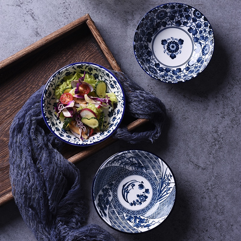 Nytårs salat risskåle keramisk japansk klassisk blå og hvid køkkenudstyr husholdningsrestaurant suppeskål nudel
