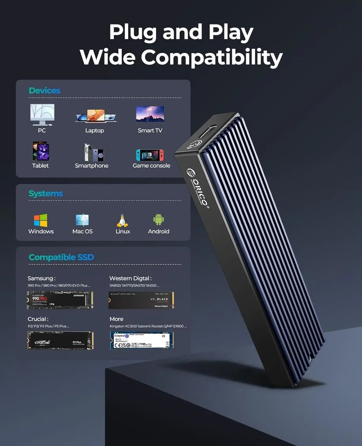 ORICO 10Gbps M.2 NVMe SSD Enclosure Aluminum Type C USB 3.2 Gen2 Tool-Free M.2 NVMe to USB Adapter for PCIe NVMe and SATA SSD