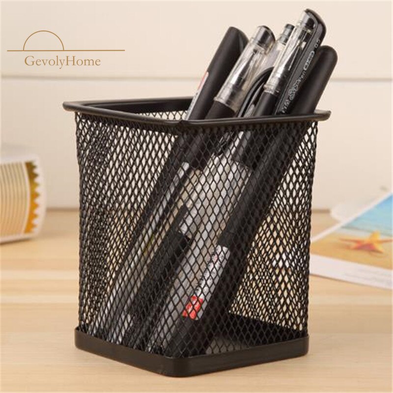 Portalápices negro para oficina, escritorio, malla de Metal, Cuadrado y Redondo, estuche con forma de taza, organizador de contenedores, estuche de lápices duradero
