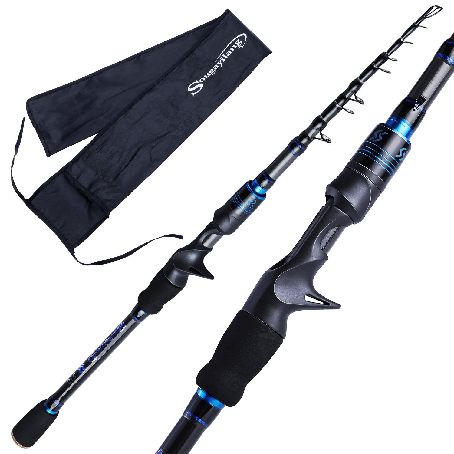 Sougayilang-canne à pêche télescopique Portable ultralégère, en Fiber de carbone, Spinning /Casting, pour voyage, 1.8M, 2.1M: Bleu / 1.8m rod  -Casting