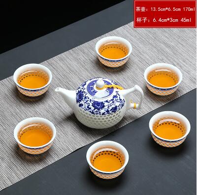 Blue White Exquisite Ceramic Teapot Kettles Tea Cup Porcelain Chinese Kung Fu Tea Set Drinkware: 1 Pot 6 Cups E