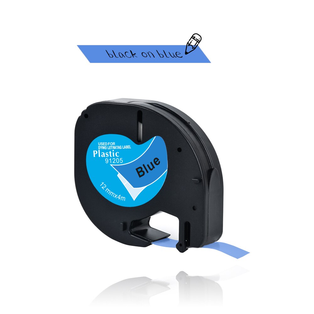 Yance 91201 kompatibel til dymo letratag plastiktape 12mm*4m sort på hvid  lt 91331 91330 18769 18771 til lt -100t etiketmaskine: Sort på blå