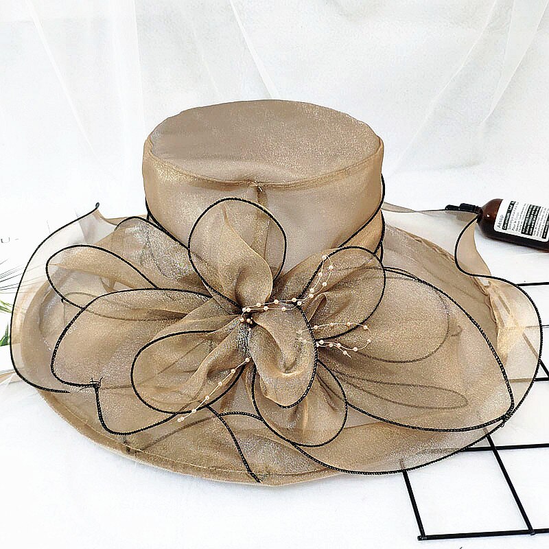 Women's Organza Church Fascinator Bridal Tea Party Wedding Hat Ladies Female Fedoras Solid Color Cute Outdoor Cap: Coffee gold