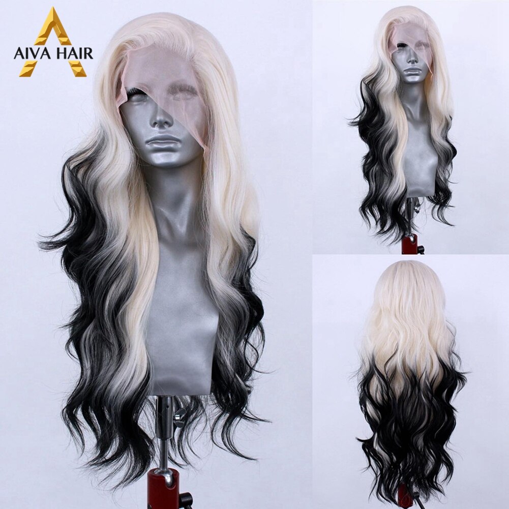 Heat Resistant Ombre Synthetic Hair Lace Wig Aiva Straight Black White Synthetic Lace Frint Wig Cosplay Wigs For Black Women: Wavy / 26inches