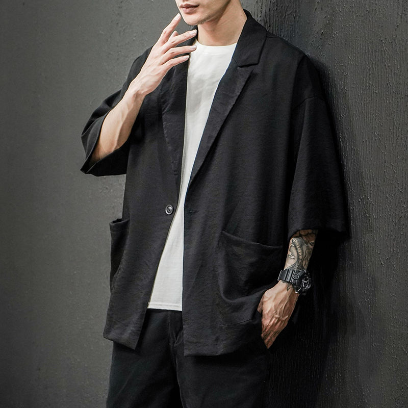 Lente en zomer jeugd populaire heren losse effen kleur zeven punt mouw pak casual dunne jas jas