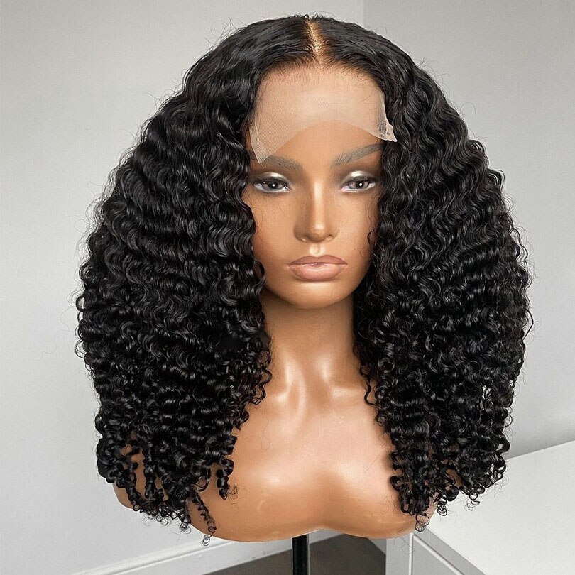 Babyhair-Peluca de cabello sintético para mujer, postizo de encaje frontal, corte Bob corto, rizado, color negro Natural, predespuntado, 180 de densidad, resistente al calor, sin pegamento