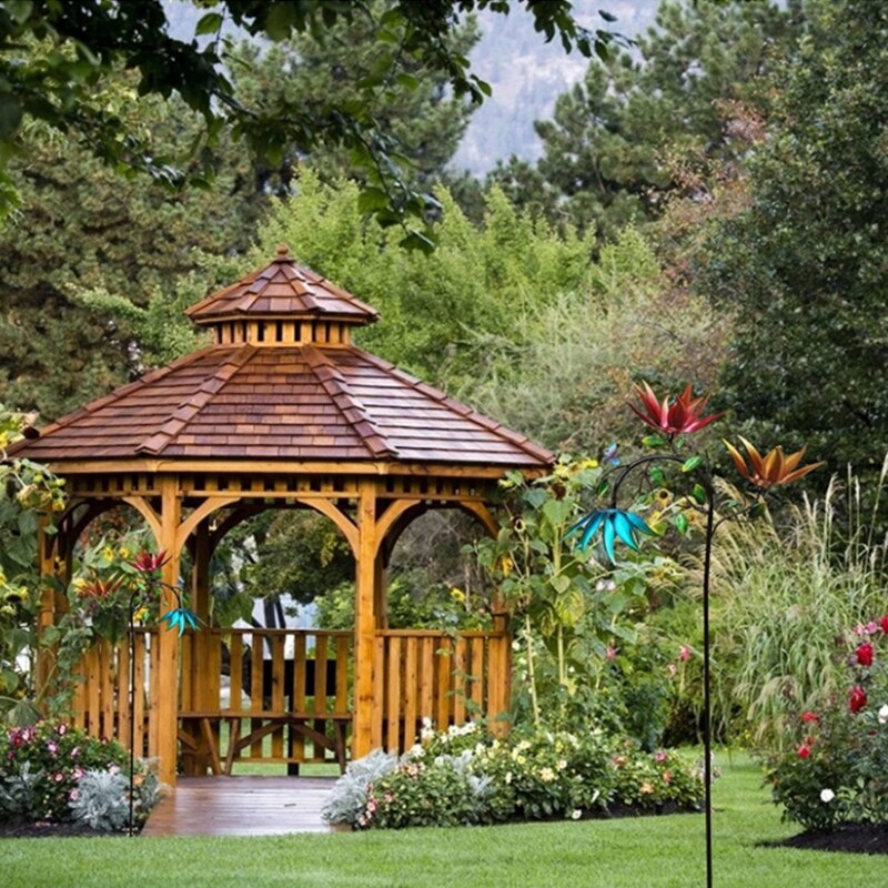 Large Metal Wind Spinner with Three Spinning Flowers Butterflies Windmill Wind Sculpture for Outdoor Garden Art Decor