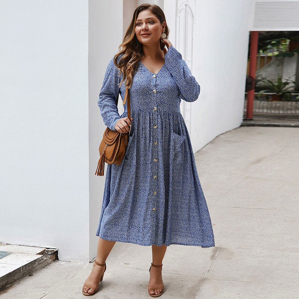 Mode Vrouwen Zomer Lange Mouw Jurk Plus Size V-hals Bloemenprint Knoppen Casual Jurk Zakken Maxi Lange Jurken: Blauw / XL