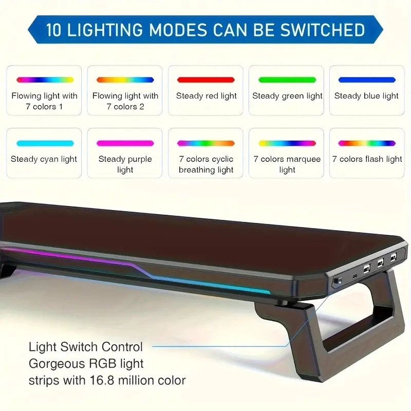 ITLY RGB-monitorstandaard met 3 USB-poorten Gegevensoverdracht Opladen Desktop Organizer voor pc en laptops tot 19,6 inch NIEUW