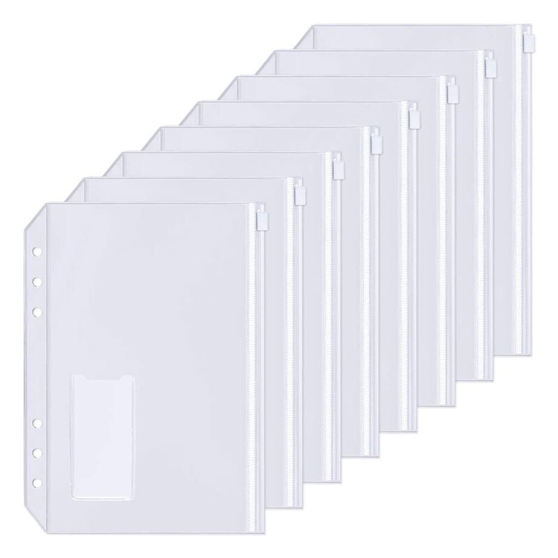 Pochettes de classeur A5 à 6 trous, poche de reliure perforée à fermeture éclair avec poche à fermeture éclair en plastique pour classeur pour ordinateur portable à 6 anneaux, -15Pcs: Default Title