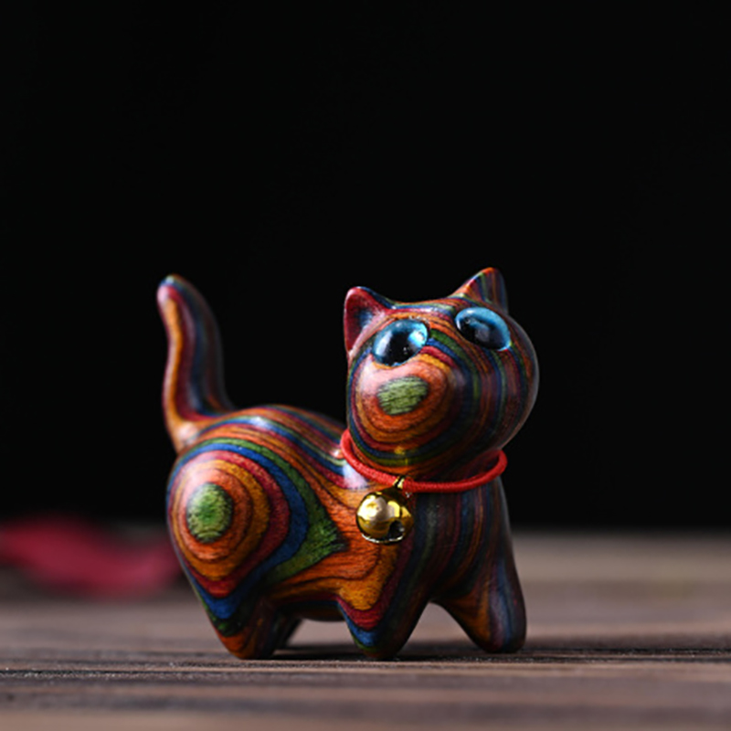 Adornos de madera de colores para gatos, accesorios de escritorio para oficina, esculturas de madera de arcoíris, esculturas de gatos, decoración del hogar, , recuerdos