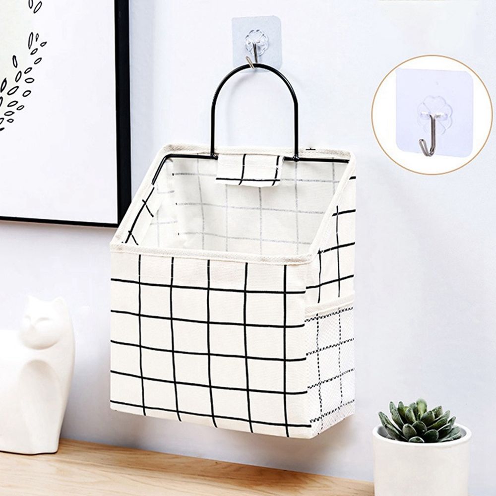 Panier de rangement en lin et coton, tissu imprimé à rayures simples, sac de rangement mural suspendu à la maison ou au bureau avec crochet: 13