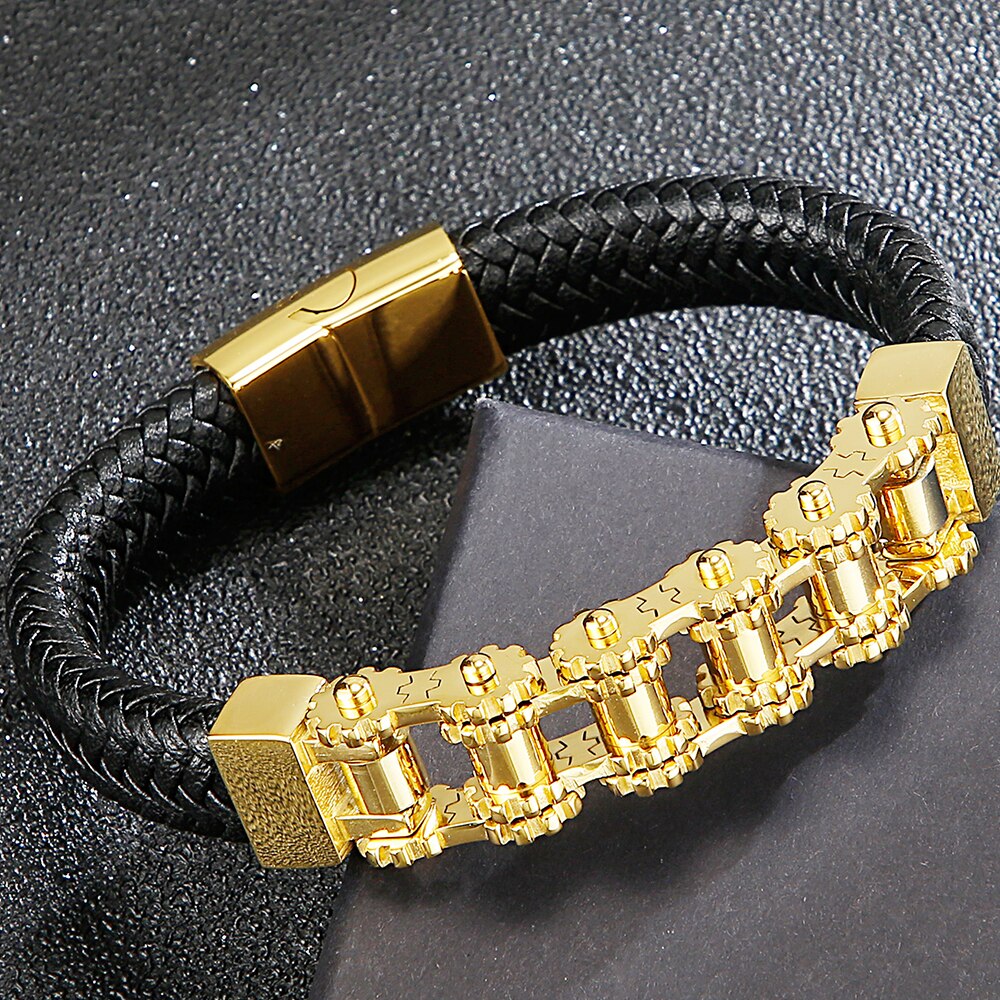 Cool Bike Chain Motorcycle Link Biker Armband Rvs & Lederen Drie Tone Manchet Bangle Armband Mannen