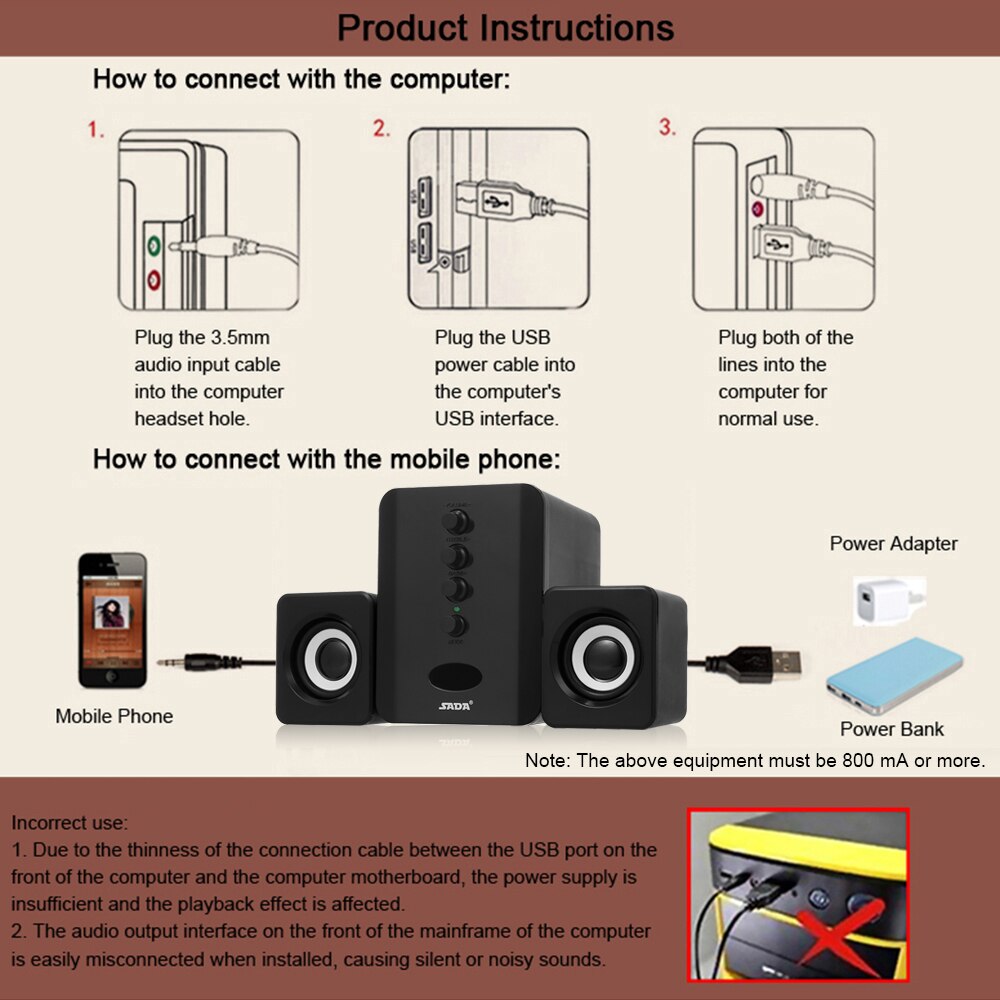 SADA USB Wired Bluetooth Speaker Set D-202 Computer Speakers Bas Muziekspeler Subwoofer Sound Box voor Desktop Laptop Tablet PC