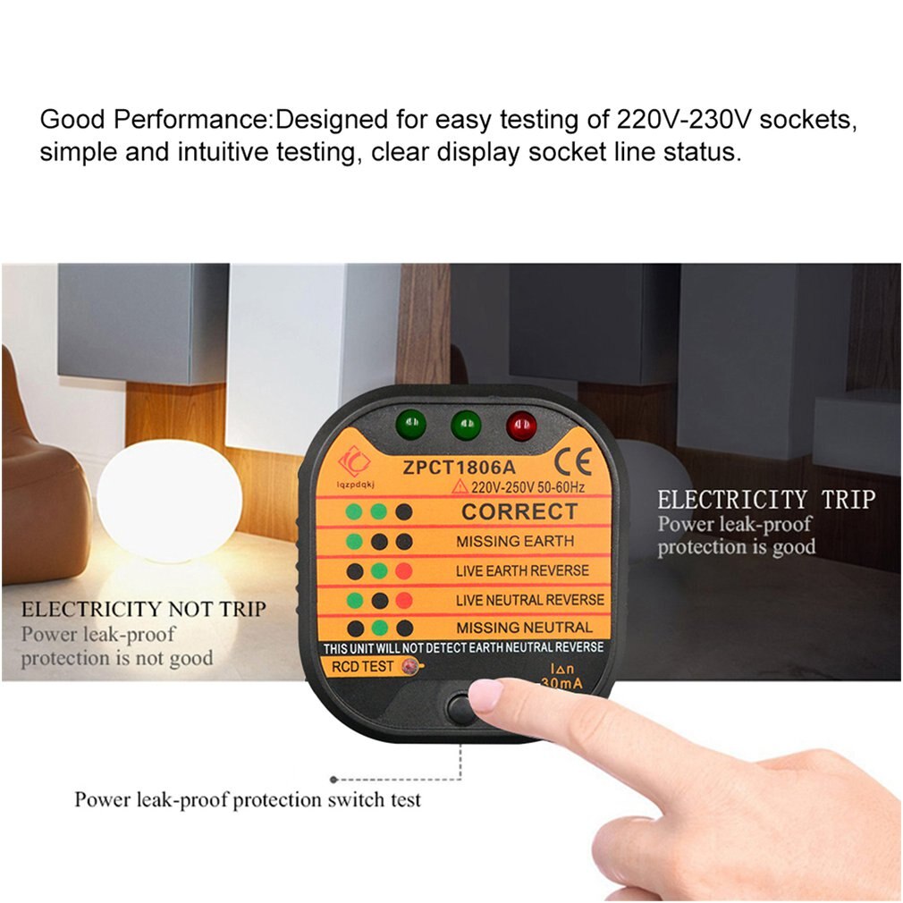 ZPCT1806C Outlet Socket Tester Circuit Polarity Voltage Plug Breaker US Ground Zero Line Switch Safety Electroscope