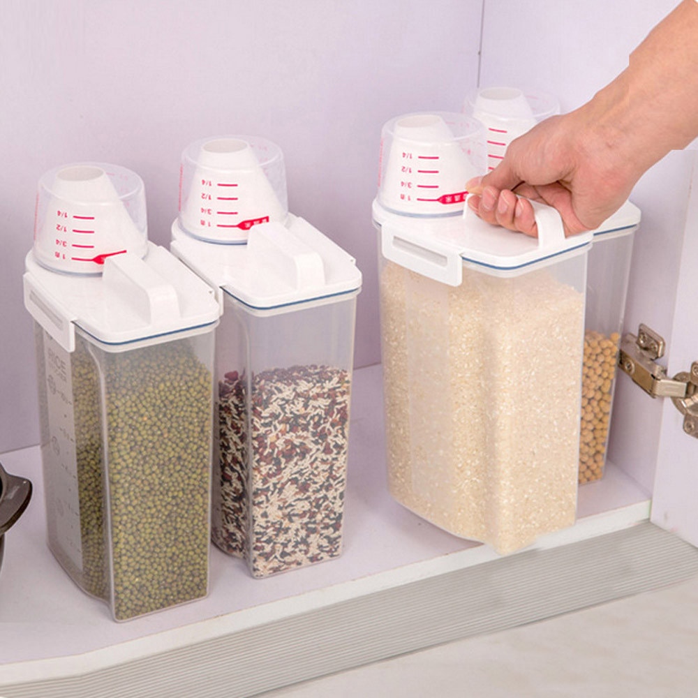 Caja de almacenamiento de cereales de 2L, caja de almacenamiento transparente para cocina, almacenamiento de granos de harina, contenedor de arroz de grano de comida