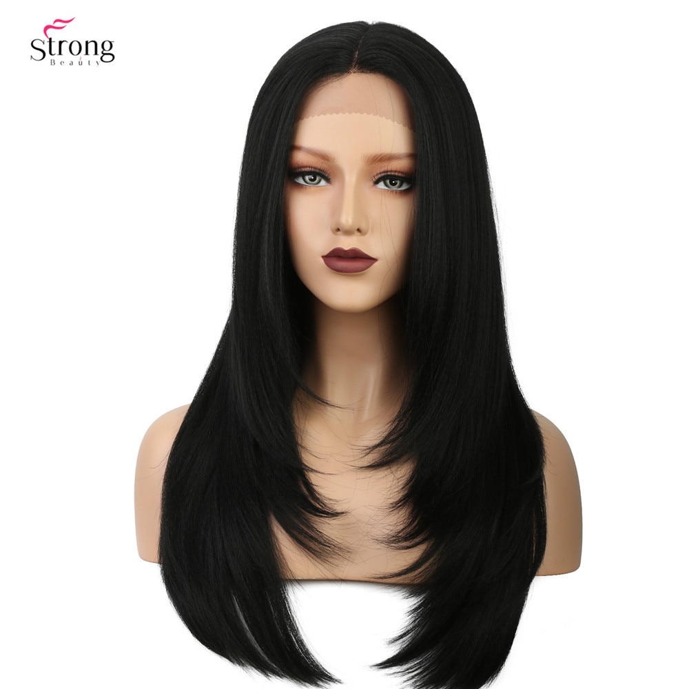 Perruque Lace Front Wig synthétique lisse noire, cheveux naturels, 24 pouces, perruque lace Wig pour femmes