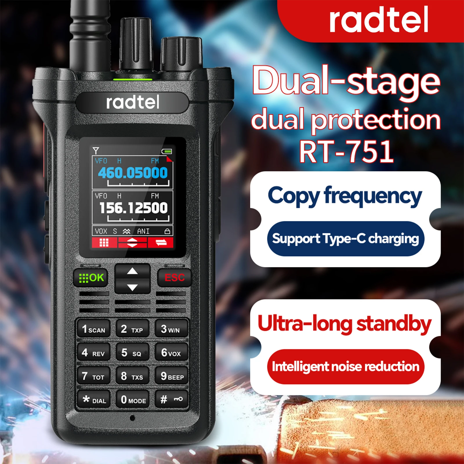 Radtel RT-751 10 W Luft Band Walkie Talkie Dual Band Amateur Amateurfunk 199CH HT USB-C Akku NOAA FM bin Zwei-Wege-Radio