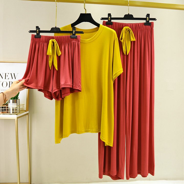 Fdfklak kortärmade shorts + byxor dam 3 st hemdräkt sommarpyjamas modal nattkläder pyjamas femme sovkläder: Gul / L