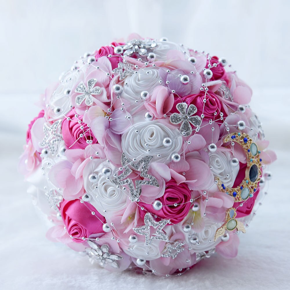 Janevini bling bling rhinestone lyserøde blomster luksus stjerner brude smykker kunstig hortensia krystal måne bryllup buket: Lyserød