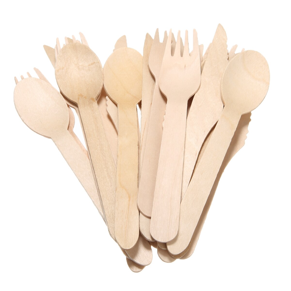 100 Pcs Disposable Wooden Cutlery Biodegradable - Knives Forks Spoons Camping BBQ Party Tableware Kitchen Utensils